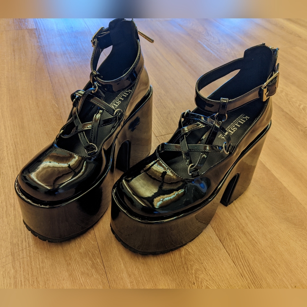 Platform Mary Jane Heels in Black Patent